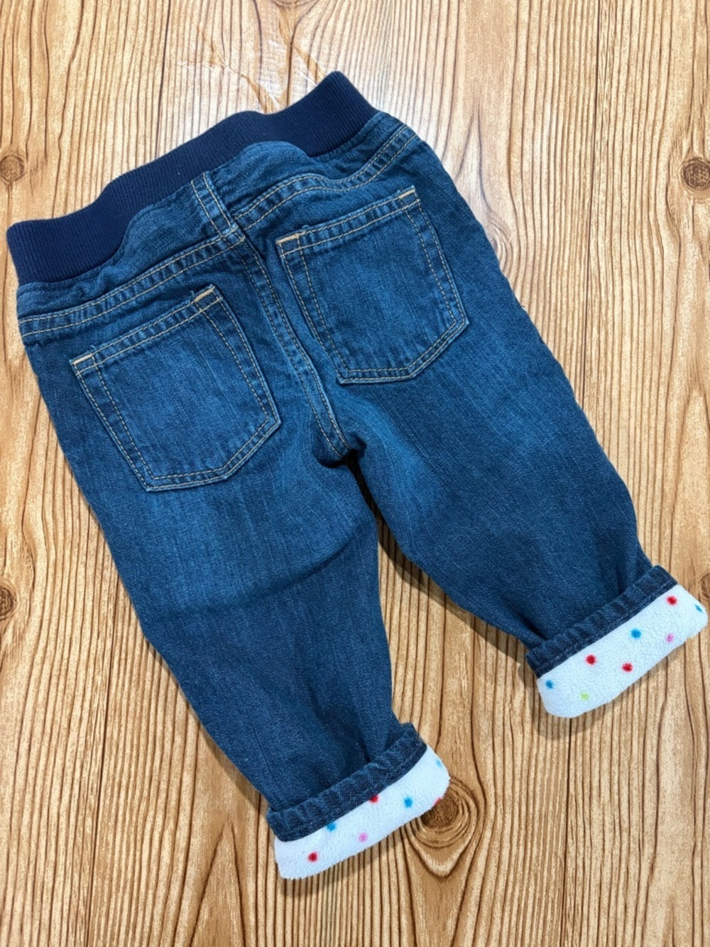 7/$20 GAP Denim Baby Navy Blue Pull-On Jeans with Polka Dot Fleece Lining - Picture 3 of 4